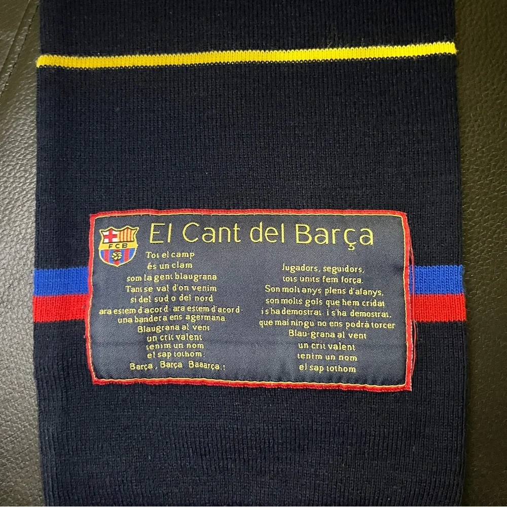 FC Barcelona El Cant del Barca Hat Cap and Navy Striped Fringe Knit Scarf Set